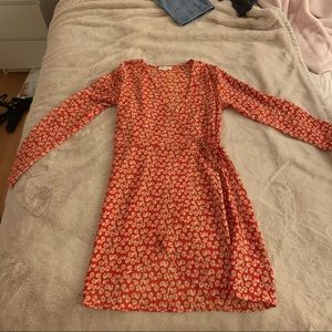 Red floral long sleeve wrap dress